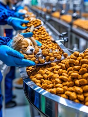 A cute dog resting among dog food at a pet food manufacturing facility, showcasing production and care for pets.