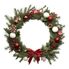 Beautiful holiday wreath decorated with red and white ornaments, pinecones, and ribbon, perfect for festive decor.