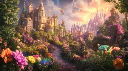 Naklejka premium Surreal dream landscape with rainbow-colored buildings, flowers, and lush forests, blending harmoniously in a heaven-like world of unity