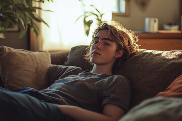 Young non binary person is lying on a sofa, enjoying a relaxing afternoon at home