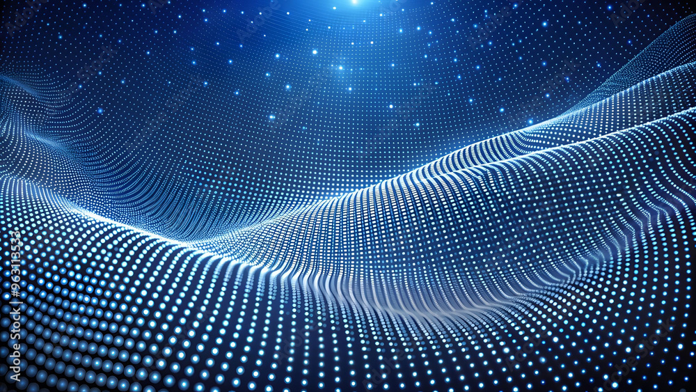 Poster 3D Wave Landscape with Dots and Binary Code, Digital Processing and Virtual Reality. Technology background with dots and waves neural networks, AI, data transmission and encryption,