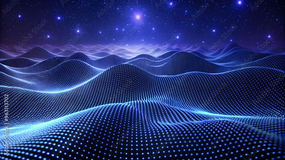 Poster 3D Wave Landscape with Dots and Binary Code, Digital Processing and Virtual Reality. Technology background with dots and waves neural networks, AI, data transmission and encryption,