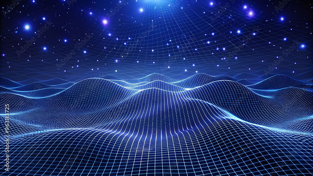 Poster 3D Wave Landscape with Dots and Binary Code, Digital Processing and Virtual Reality. Technology background with dots and waves neural networks, AI, data transmission and encryption,