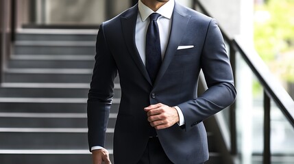 A Man in a Blue Suit Adjusting His Jacket