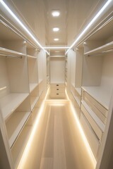 Obraz premium Modern walk-in closet with stylish lighting and organized storage