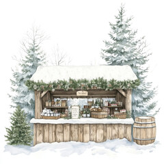 Charming winter market stall adorned with greenery, offering seasonal goods surrounded by snow-covered trees.