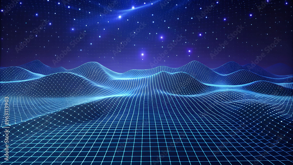 Poster 3D Wave Landscape with Dots and Binary Code, Digital Processing and Virtual Reality. Technology background with dots and waves neural networks, AI, data transmission and encryption,