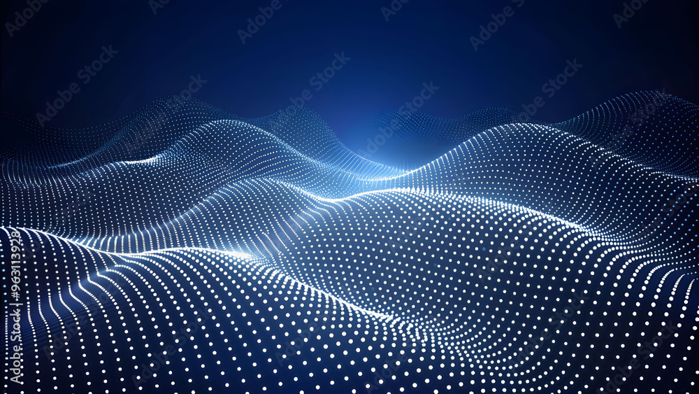 Poster 3D Wave Landscape with Dots and Binary Code, Digital Processing and Virtual Reality. Technology background with dots and waves neural networks, AI, data transmission and encryption,