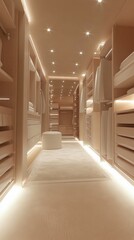 Obraz premium Luxurious walk-in closet with elegant lighting and organized shelves