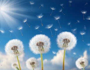 Dandelion flower with seeds flying away by wind at blue sky landscape background