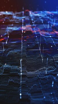 VERTICAL VIDEO, Flying through futuristic digital geology terrain, digital data telemetry and engineer topography with contour lines. 3D wireframe cartography concept. 