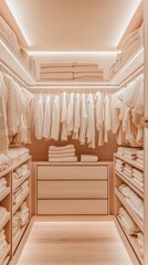 Stylish closet with organized linen and neutral color palette