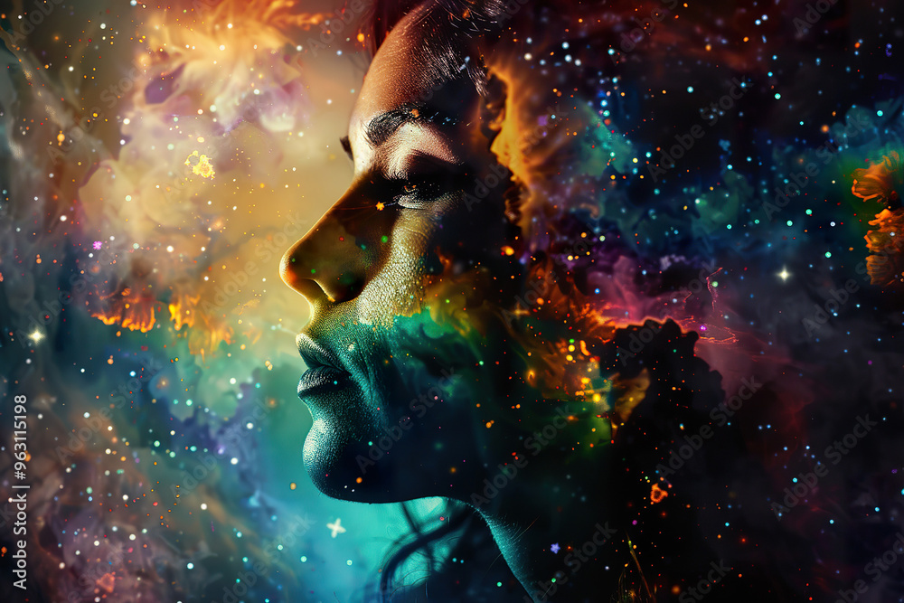 Wall mural a woman's face is shown in a colorful, swirling cloud of space, generative ai image,
