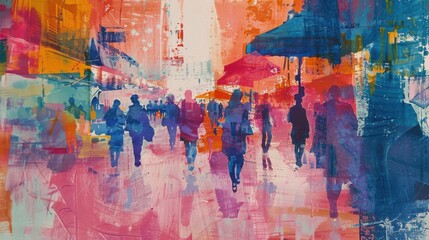Abstract watercolor painting of a city street filled with colorful buildings and people’s silhouettes walking under vibrant umbrellas.