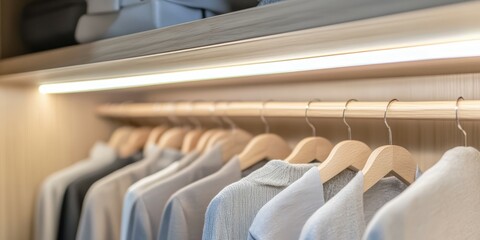 Obraz premium Neatly arranged sweaters and shirts on hangers in a modern closet
