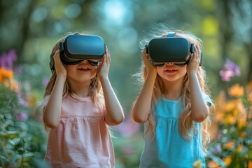 Two young girls wearing VR headsets, exploring a virtual world while standing in a vibrant outdoor setting filled with nature.