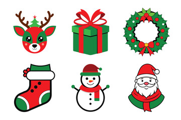 lettering in ribbon and bundle of merry christmas flat style icons