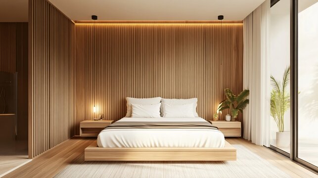 Modern Minimalist Bedroom Interior Design with Wooden Wall and White Bed