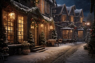 Fototapeta premium Charming winter evening in a snow-covered village with cozy cafes and festive decorations
