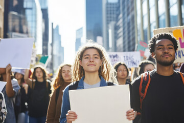 Fototapeta premium Young activists are marching in a protest for human rights, holding blank signs for your message