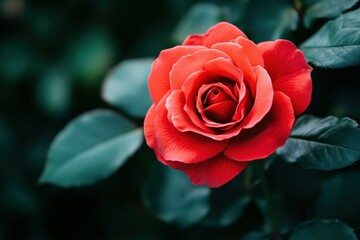 Beautiful red rose in full bloom surrounded by dark green leaves