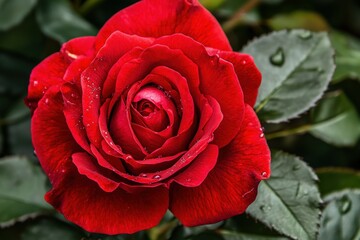 Beautiful red rose blooming with raindrops on petals in a garden