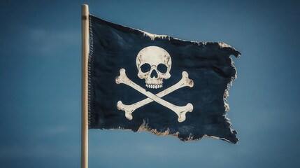 A pirate s skull and crossbones flag, torn and weathered, flying high, pirate flag, skull and crossbones, weathered