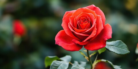 Fototapeta premium Beautiful red rose in full bloom with green leaves in garden setting