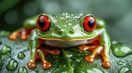 Fototapeta premium Red-eyed tree frog perched on green leaf, isolated on white background