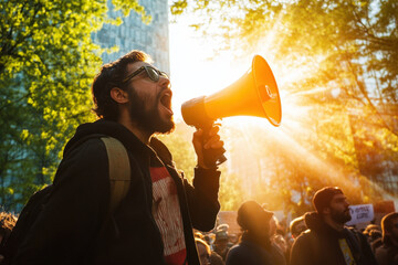 Young man passionately addresses a crowd, his voice amplified by a megaphone, during a rally for social change