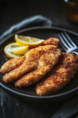Crispy fried fish fillets served with lemon wedges on a black plate