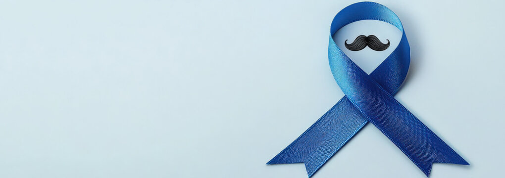 Lazo azul conteniendo en su interior un bigote, simbolizado concienciaci&oacute;n de la salud masculina. Movimiento de marzo, sobre fondo azul