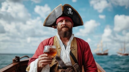 Obraz premium A pirate captain holding a goblet of rum, standing at the helm, pirate captain, goblet of rum, helm