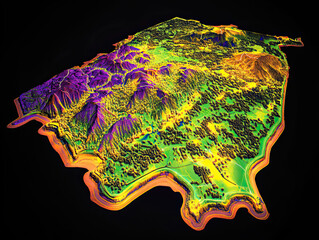 Technical aerial visual, 3D LiDAR GIS aerial map satellite scan model isolated, showing Malabo, Equatorial Guinea. Elevation, topography, render