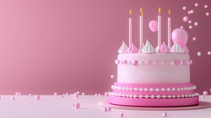 A delightful pink birthday cake forms a charming background. The pink color gives a soft and festive look. The cake has a smooth surface and is likely decorated with various elements. It brings a sens