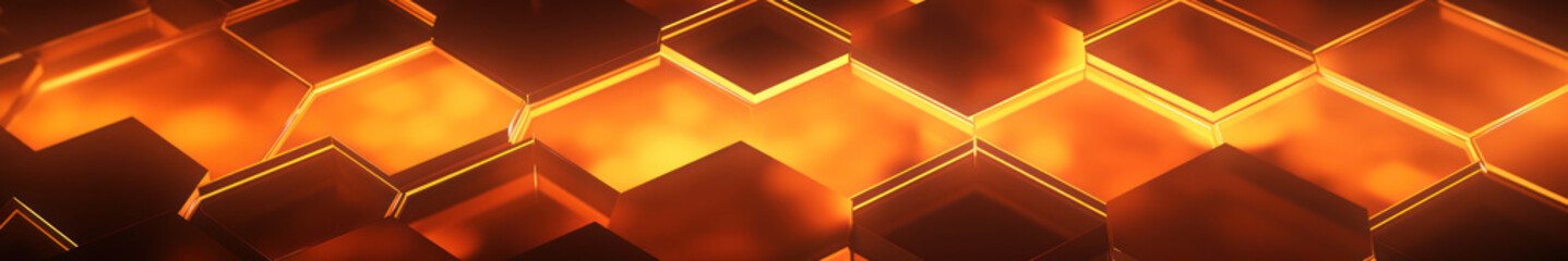 Orange hexagon Background. Close-up a surface made up of hexagonal shapes, honeycomb pattern, metallic. Glowing, three-dimensional, depth. Geometric, modern and futuristic design.