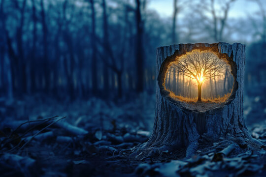 Dead tree turning into a new tree. Demonstrating the power of nature to regenerate and heal. Regrow revive concept or symbol.