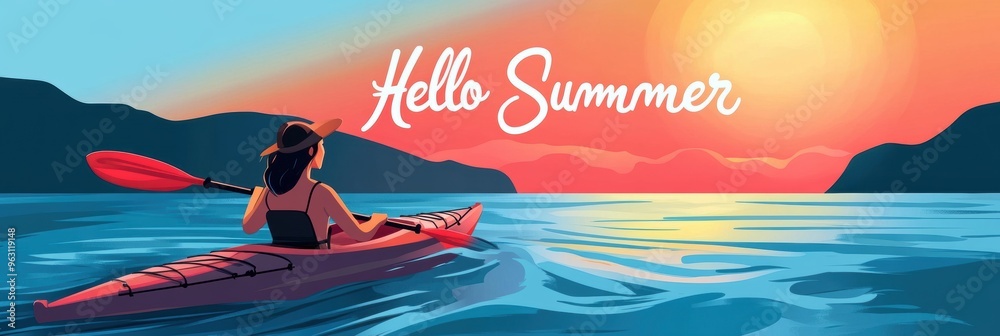 Wall mural Clip art summer poster of a person kayaking in tropical sea. Hello Summer