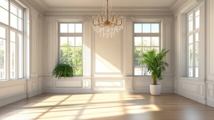 Fototapeta premium Sunlit Room with White Walls, Windows, and a Crystal Chandelier
