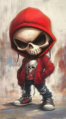 Graffiti Art of Cute Skull Gangster with Mischievous Grin, 3D Illustration