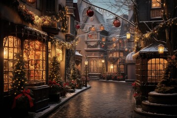 Obraz premium Festive winter street adorned with lights and decorations in a cozy neighborhood during the holidays