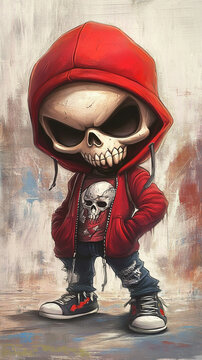 Graffiti Art of Cute Skull Gangster with Mischievous Grin, 3D Illustration