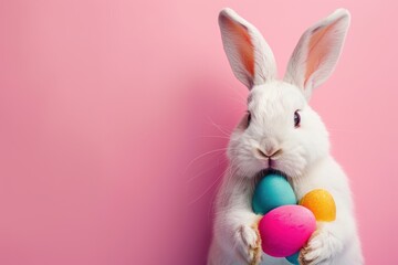 Obraz premium photograph of Adorable Easter Bunny Holding Colorful Eggs on Pink Background