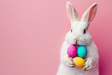 Obraz premium photograph of Adorable Easter Bunny Holding Colorful Eggs on Pink Background