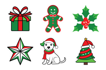 lettering in ribbon and bundle of merry christmas flat style icons