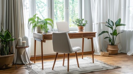 Cozy Home Office with Wooden Desk and Indoor Plants