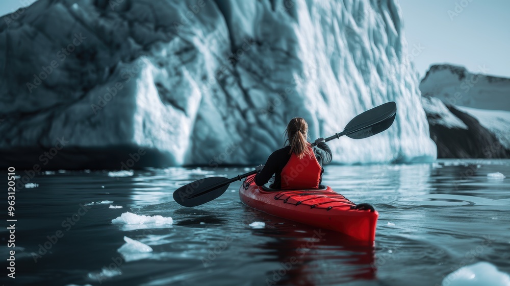 Wall mural A kayaker boating in sea water with iceberg.