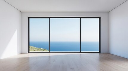 Obraz premium Minimalist interior with large windows and ocean view