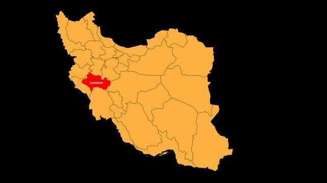 Lorestan map animated video. Location is highlighted on the Iran map. Color map of  Lorestan with a transparent PNG background in video format.	