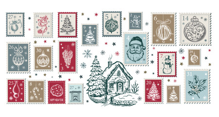 Christmas Stamps, mail, Advent calendar, postcard hand drawn illustrations.	
